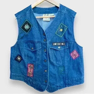 90s Vintage Street Styles by Elizabeth Oversized Denim Collared Vest w/ Patches